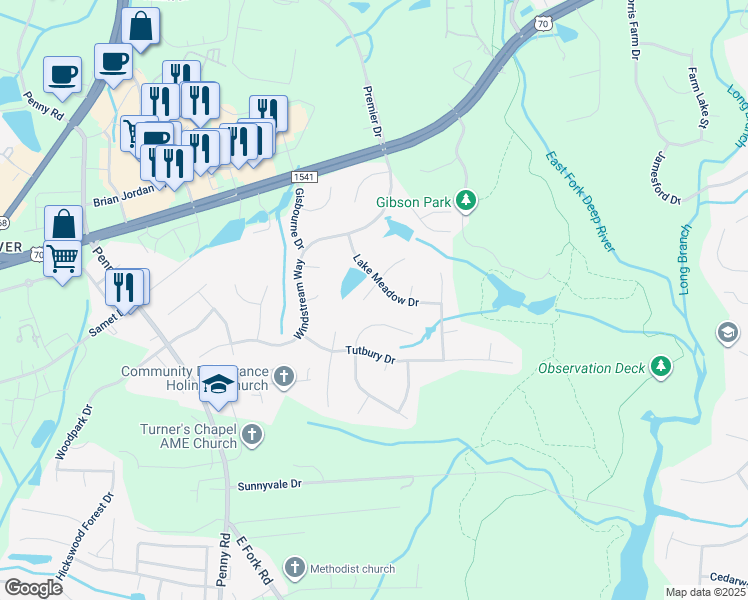map of restaurants, bars, coffee shops, grocery stores, and more near 3424 Silverlake Court in Jamestown