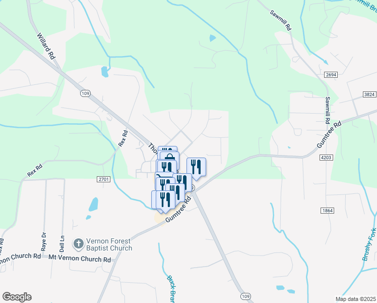 map of restaurants, bars, coffee shops, grocery stores, and more near 4735 Merriweather Road in Winston-Salem