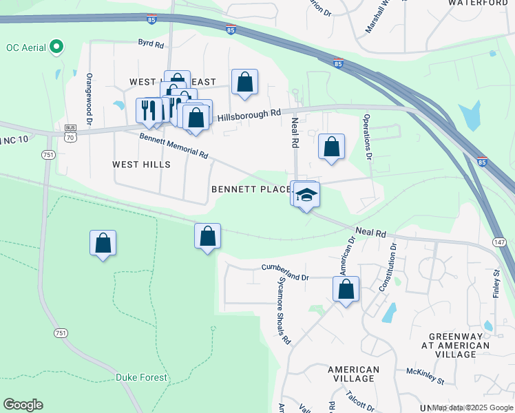 map of restaurants, bars, coffee shops, grocery stores, and more near 4500 Bennett Memorial Road in Durham