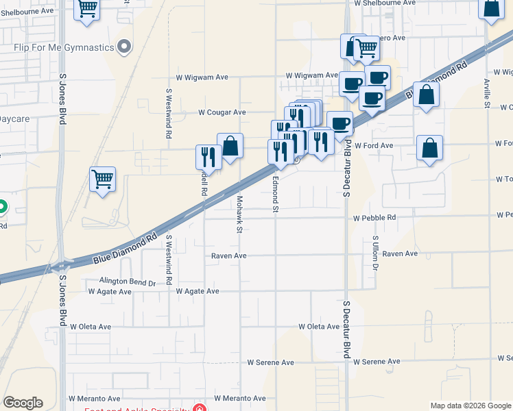 map of restaurants, bars, coffee shops, grocery stores, and more near 5276 Caprock Canyon Avenue in Las Vegas