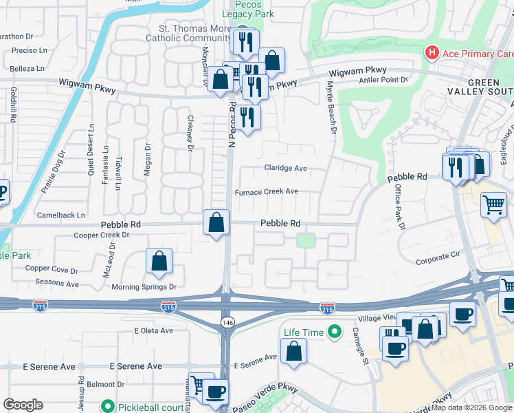 map of restaurants, bars, coffee shops, grocery stores, and more near 8 Rising Sun Court in Henderson