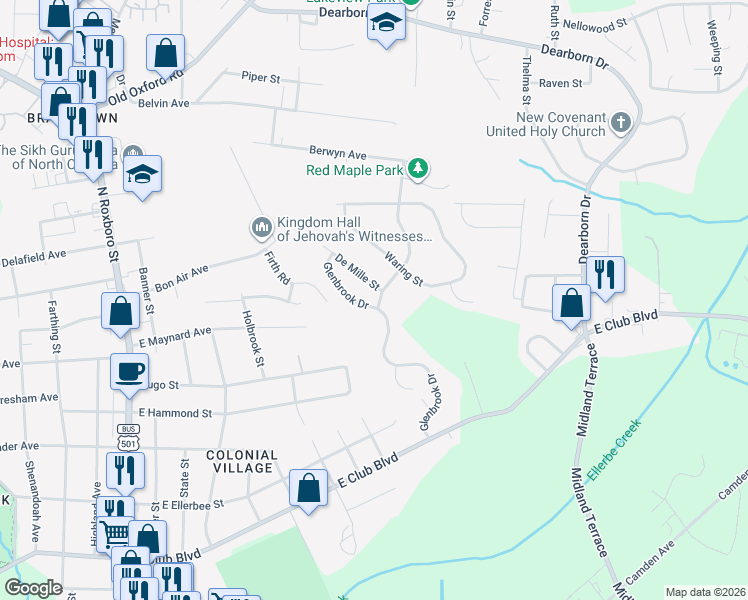 map of restaurants, bars, coffee shops, grocery stores, and more near in Durham