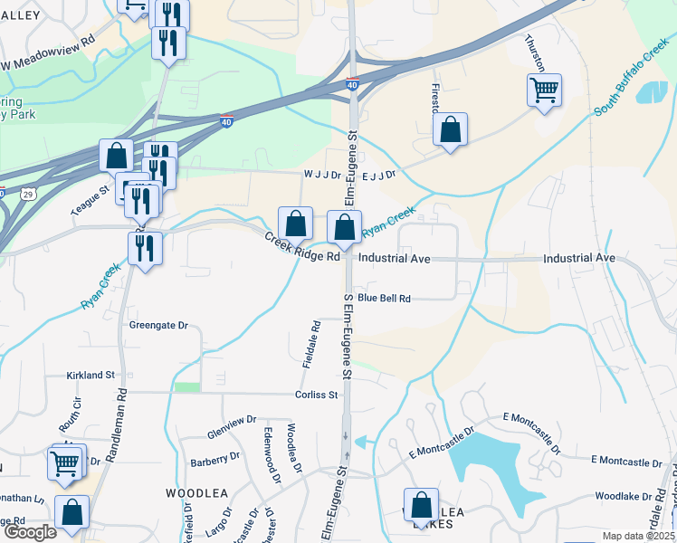 map of restaurants, bars, coffee shops, grocery stores, and more near 101 Creek Ridge Road in Greensboro