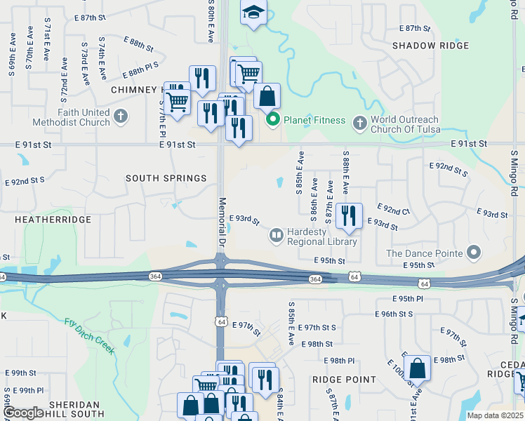 map of restaurants, bars, coffee shops, grocery stores, and more near 8105 East 93rd Street in Tulsa