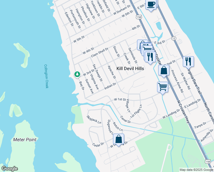 map of restaurants, bars, coffee shops, grocery stores, and more near 904 Indian Drive in Kill Devil Hills