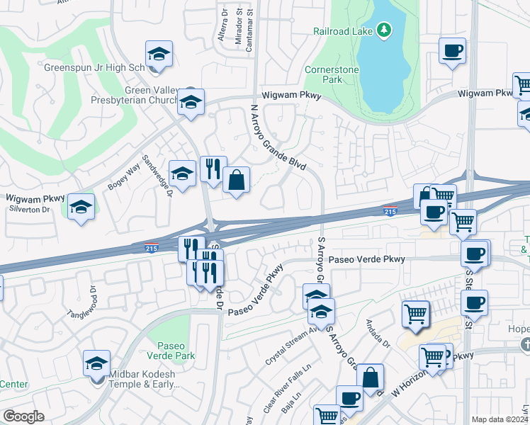 map of restaurants, bars, coffee shops, grocery stores, and more near 13 Desert Dawn Lane in Henderson