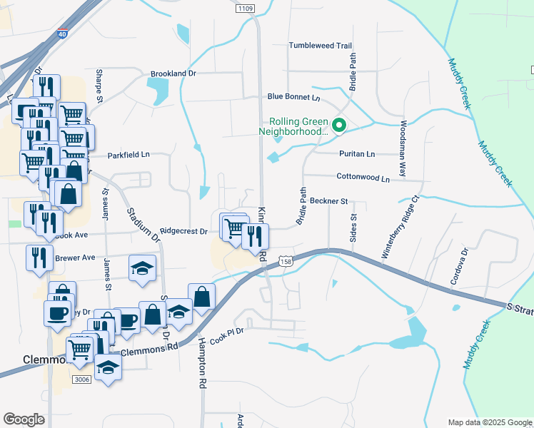 map of restaurants, bars, coffee shops, grocery stores, and more near 4405 Kinnamon Road in Winston-Salem