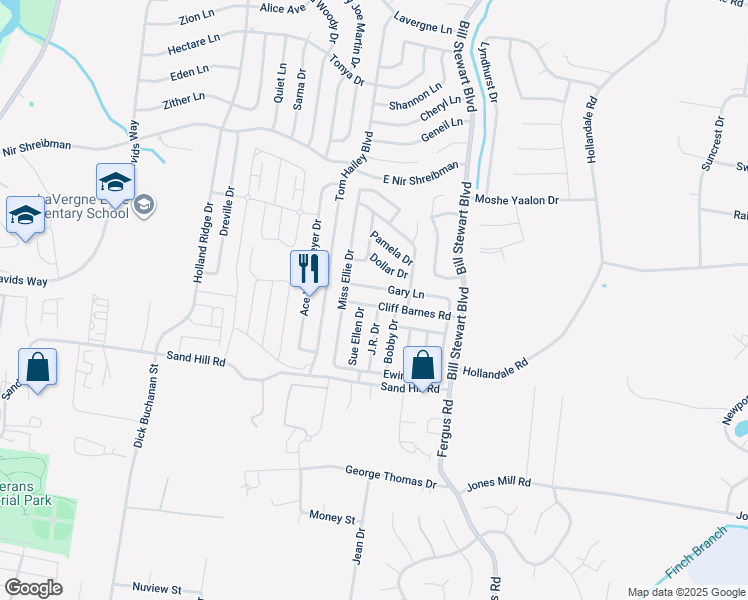 map of restaurants, bars, coffee shops, grocery stores, and more near 1225 Cliff Barnes Road in La Vergne