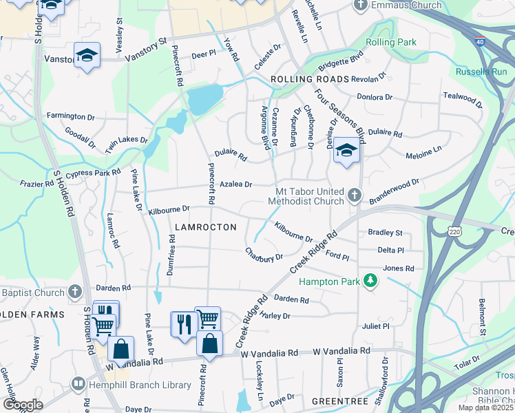 map of restaurants, bars, coffee shops, grocery stores, and more near 10 Weddington Court in Greensboro