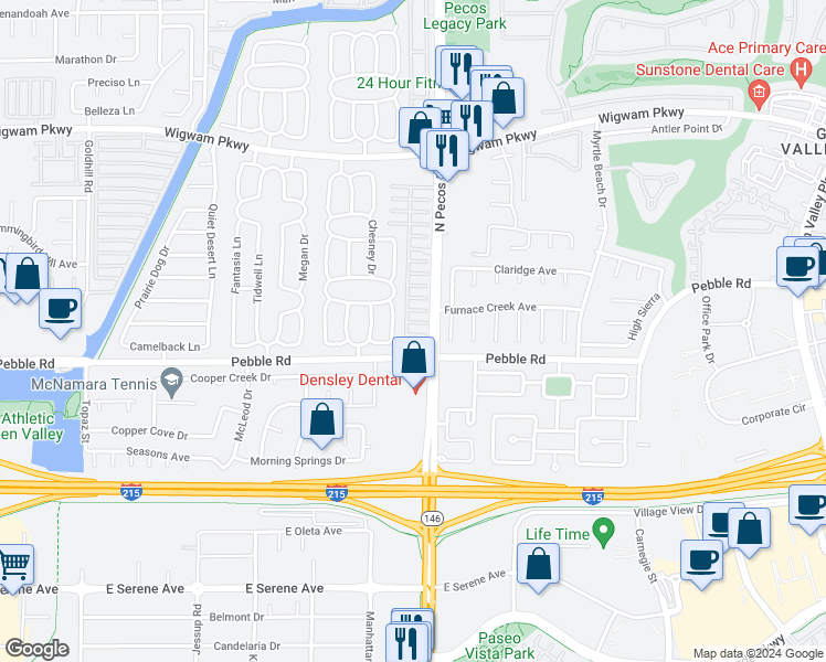 map of restaurants, bars, coffee shops, grocery stores, and more near 2608 Noble Fir Avenue in Henderson