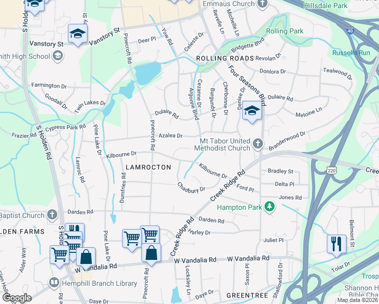 map of restaurants, bars, coffee shops, grocery stores, and more near 12 Weddington Court in Greensboro