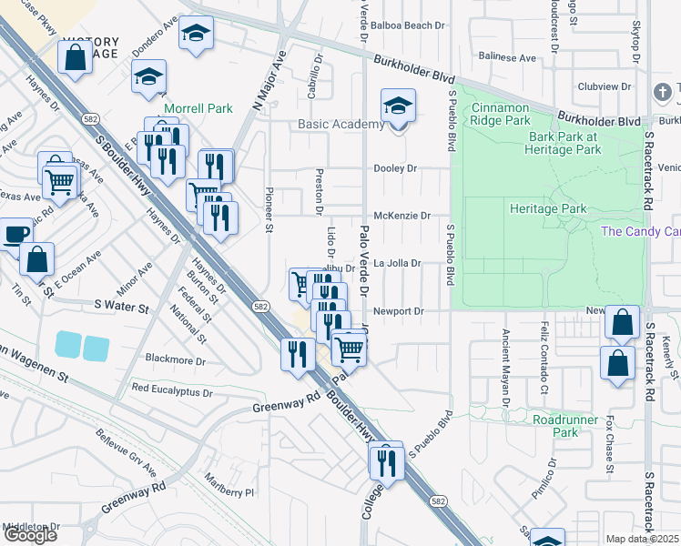 map of restaurants, bars, coffee shops, grocery stores, and more near 180 Lido Circle in Henderson