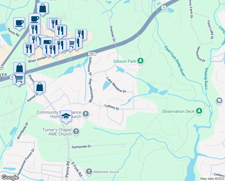 map of restaurants, bars, coffee shops, grocery stores, and more near 3424 Silverlake Court in Jamestown