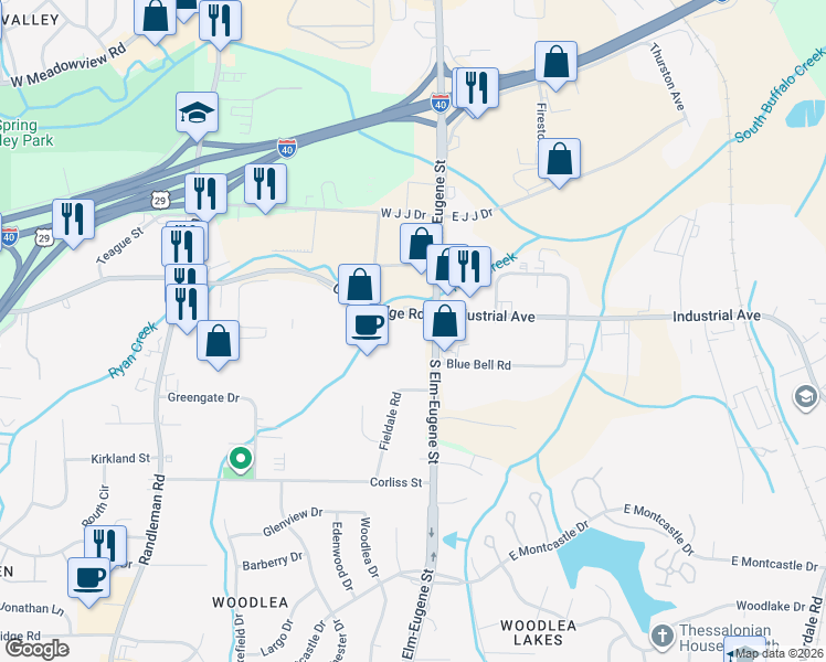 map of restaurants, bars, coffee shops, grocery stores, and more near 101 Creek Ridge Road in Greensboro