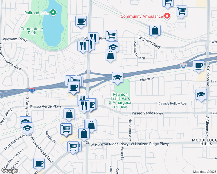 map of restaurants, bars, coffee shops, grocery stores, and more near 23 Hudson Canyon Street in Henderson