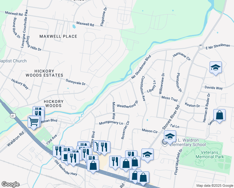 map of restaurants, bars, coffee shops, grocery stores, and more near 2711 Pickards Point in La Vergne