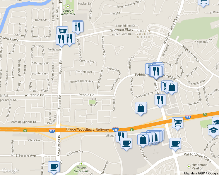 map of restaurants, bars, coffee shops, grocery stores, and more near 2407 Harlequin Circle in Henderson