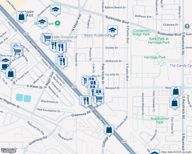 map of restaurants, bars, coffee shops, grocery stores, and more near 180 Lido Circle in Henderson