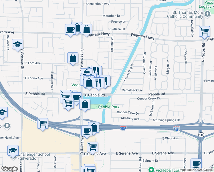 map of restaurants, bars, coffee shops, grocery stores, and more near 8880 S Eastern Ave in Las Vegas