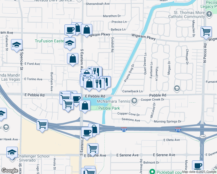 map of restaurants, bars, coffee shops, grocery stores, and more near 8880 S Eastern Ave in Las Vegas