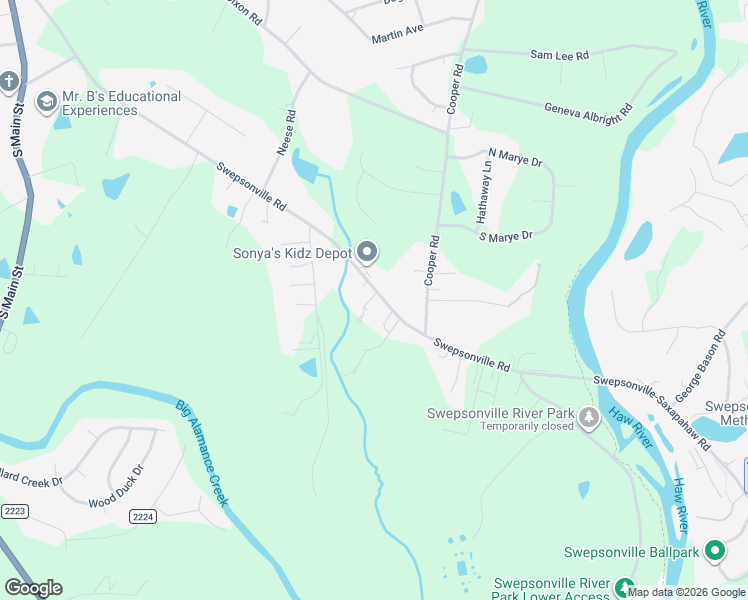 map of restaurants, bars, coffee shops, grocery stores, and more near 2211 Swepsonville Road in Graham