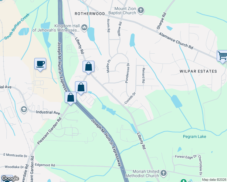 map of restaurants, bars, coffee shops, grocery stores, and more near 10 Ponderosa Court in Greensboro
