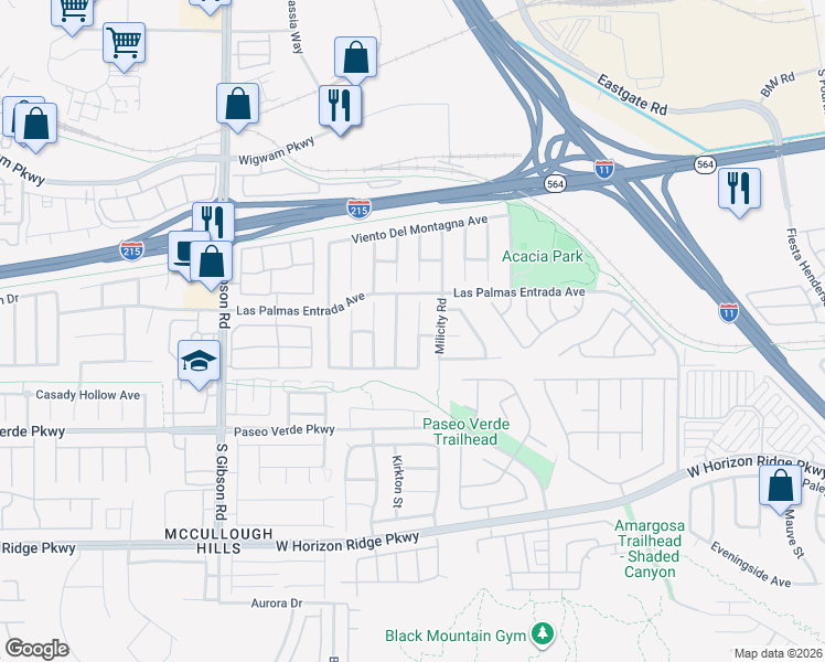 map of restaurants, bars, coffee shops, grocery stores, and more near 95 Parker Ranch Drive in Henderson