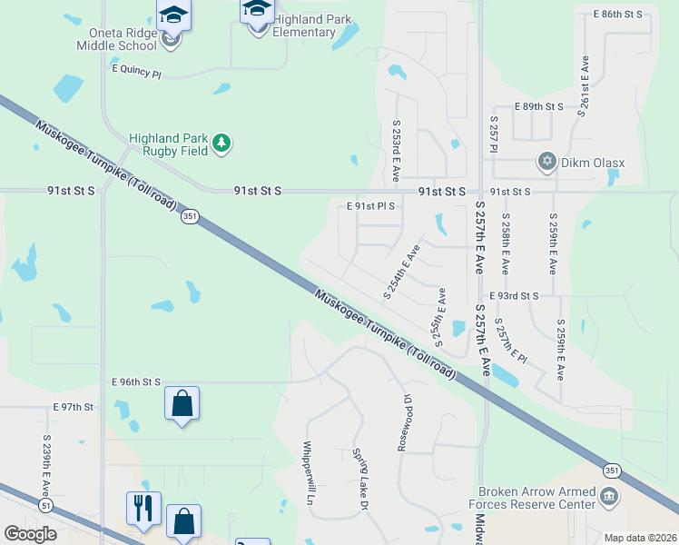 map of restaurants, bars, coffee shops, grocery stores, and more near 25065 East 93rd Court South in Broken Arrow