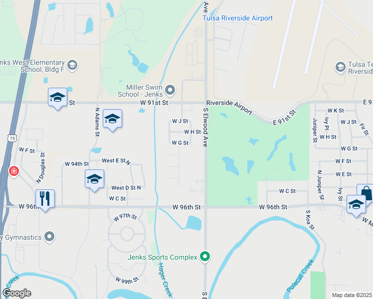 map of restaurants, bars, coffee shops, grocery stores, and more near 708 N Redbud St in Jenks