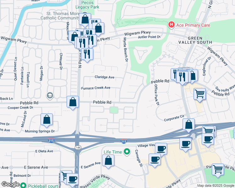 map of restaurants, bars, coffee shops, grocery stores, and more near 10 Old Lake Circle in Henderson