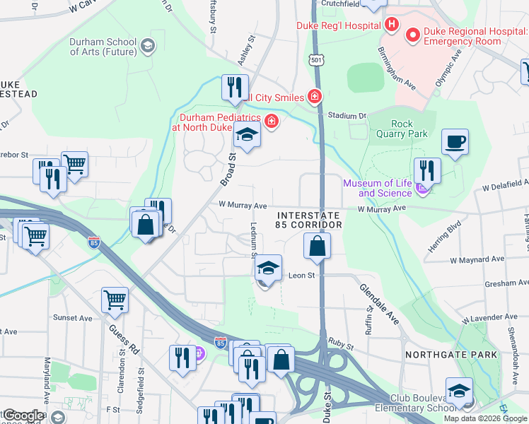 map of restaurants, bars, coffee shops, grocery stores, and more near 1109 West Murray Avenue in Durham