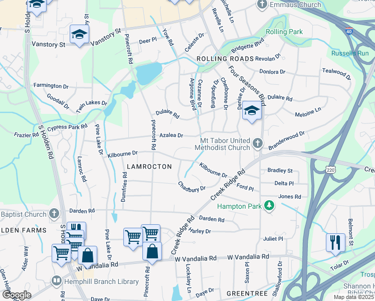 map of restaurants, bars, coffee shops, grocery stores, and more near 10 Weddington Court in Greensboro