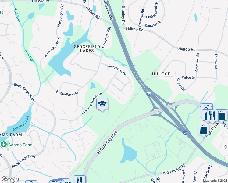 map of restaurants, bars, coffee shops, grocery stores, and more near 9 Hartsfield Court in Greensboro