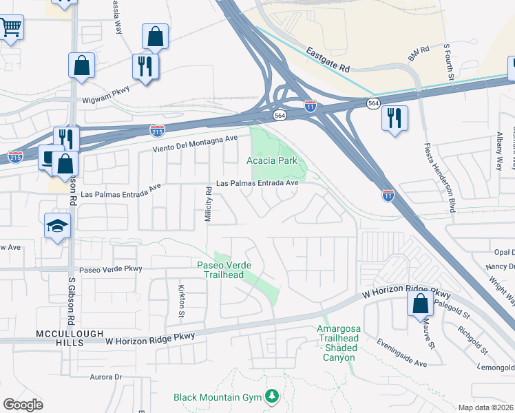 map of restaurants, bars, coffee shops, grocery stores, and more near 121 Montesol Drive in Henderson