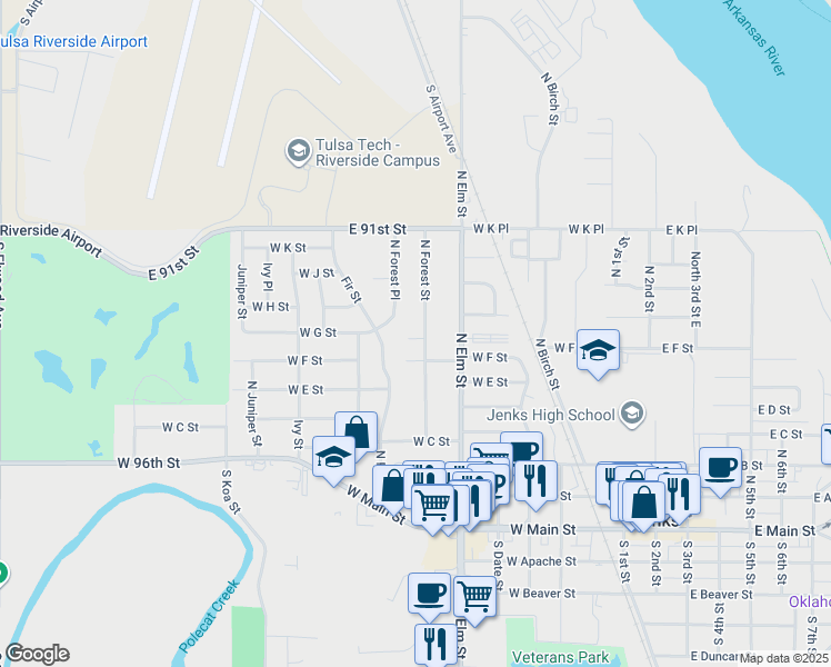 map of restaurants, bars, coffee shops, grocery stores, and more near 510 N Forest St in Jenks
