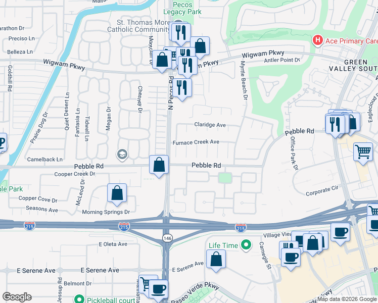 map of restaurants, bars, coffee shops, grocery stores, and more near 8 White Tail Court in Henderson