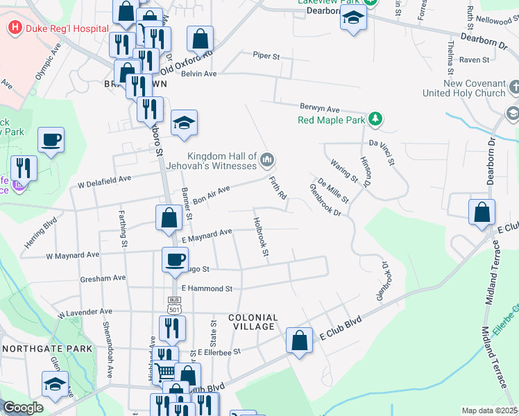 map of restaurants, bars, coffee shops, grocery stores, and more near 2909 Holbrook Street in Durham