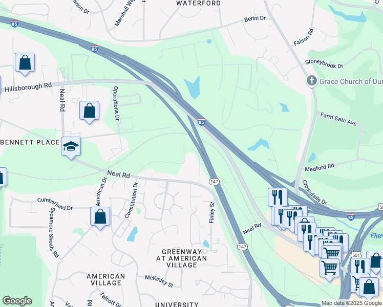 map of restaurants, bars, coffee shops, grocery stores, and more near 116 Parthenia Drive in Durham