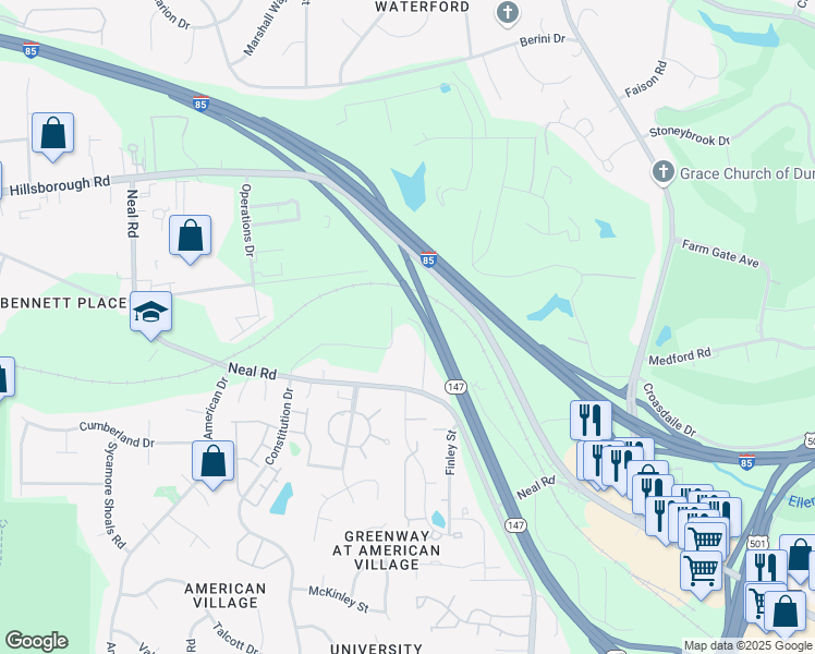 map of restaurants, bars, coffee shops, grocery stores, and more near 116 Parthenia Dr in Durham