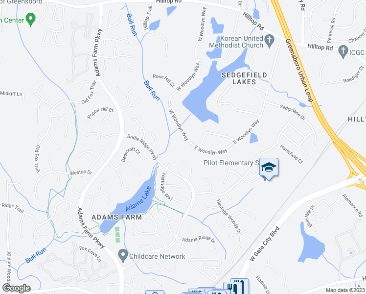 map of restaurants, bars, coffee shops, grocery stores, and more near 2624 West Woodlyn Way in Greensboro