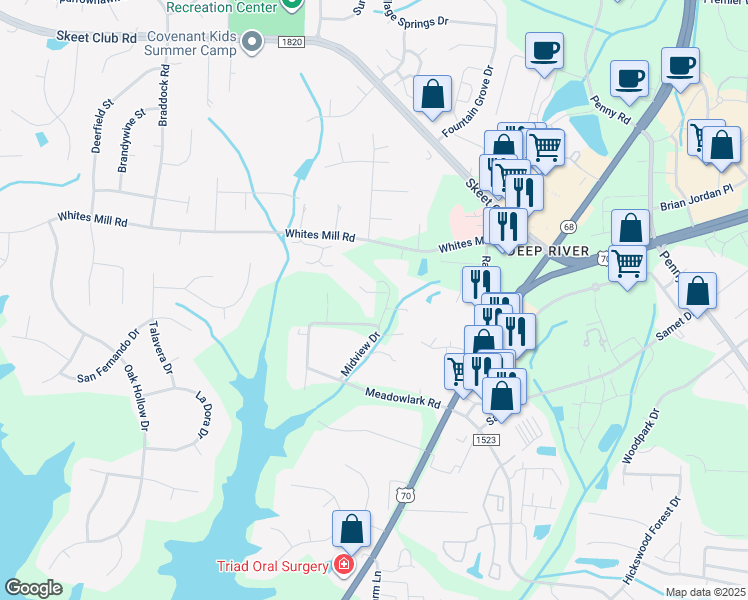 map of restaurants, bars, coffee shops, grocery stores, and more near 2503 Midview Drive in High Point
