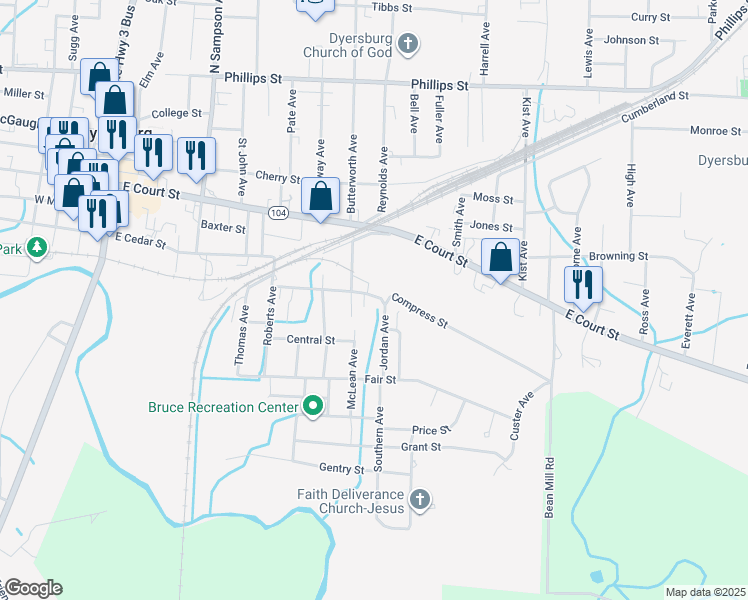 map of restaurants, bars, coffee shops, grocery stores, and more near 516 Franklin Avenue in Dyersburg