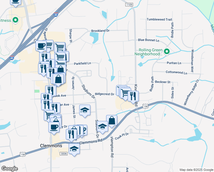 map of restaurants, bars, coffee shops, grocery stores, and more near 4425 Greenfield Way Drive in Winston-Salem
