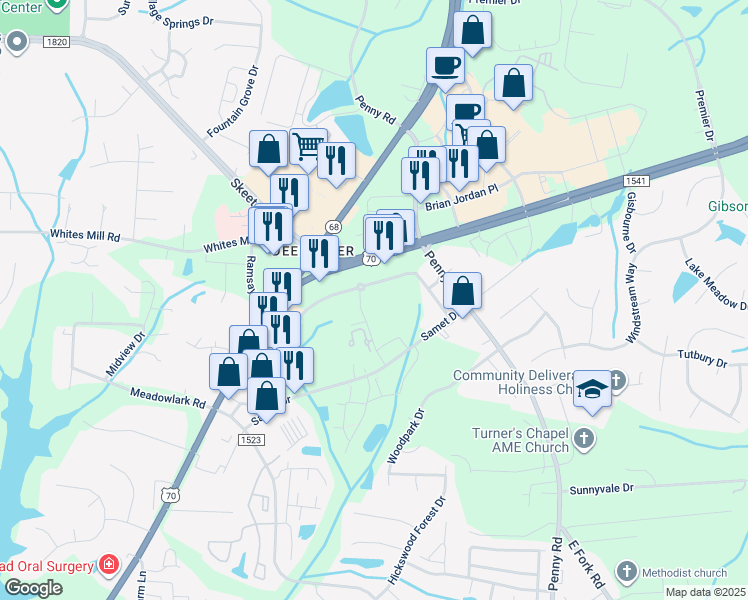 map of restaurants, bars, coffee shops, grocery stores, and more near 3750 Admiral Drive in High Point