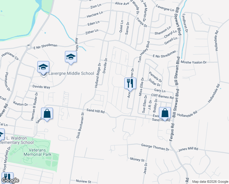map of restaurants, bars, coffee shops, grocery stores, and more near in La Vergne