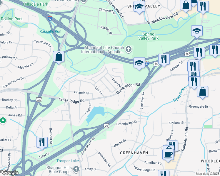 map of restaurants, bars, coffee shops, grocery stores, and more near 724 Creek Ridge Road in Greensboro