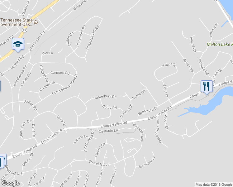 map of restaurants, bars, coffee shops, grocery stores, and more near 104 Canterbury Road in Oak Ridge