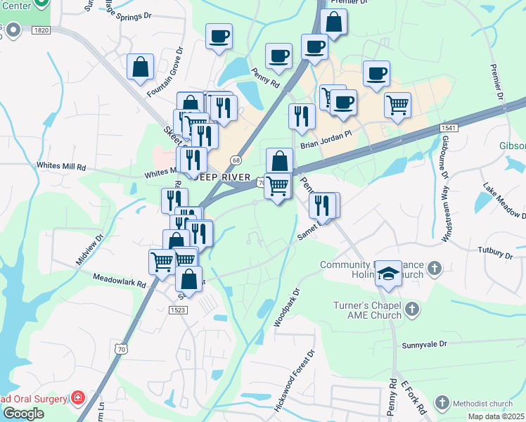 map of restaurants, bars, coffee shops, grocery stores, and more near 3750 Admiral Drive in High Point