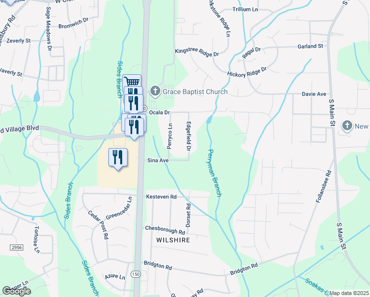 map of restaurants, bars, coffee shops, grocery stores, and more near 5070 Edgefield Drive in Winston Salem