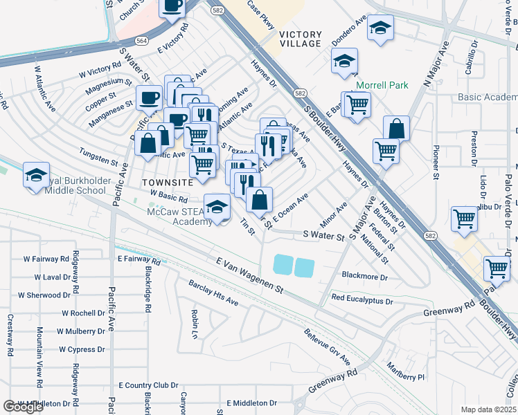 map of restaurants, bars, coffee shops, grocery stores, and more near 27 Newport Edge Place in Henderson